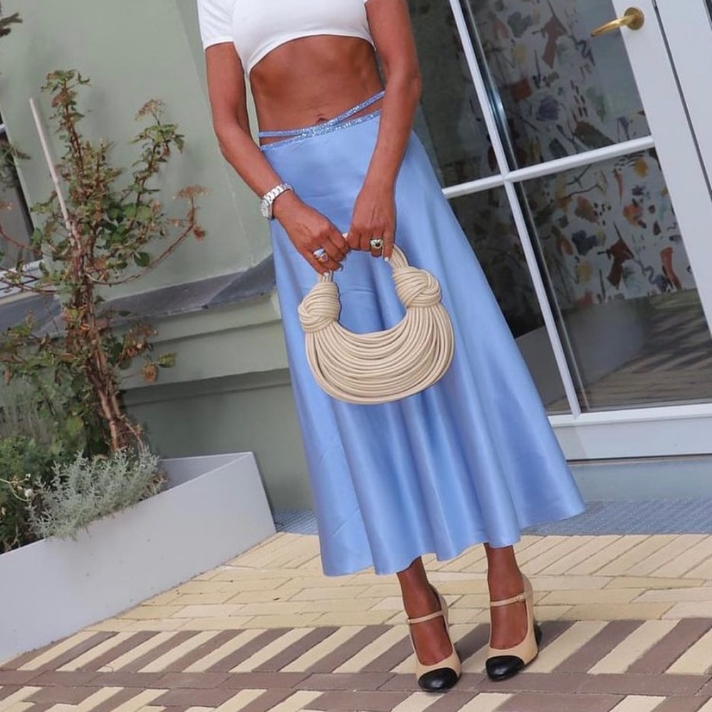 NUÉ NUE Studio blue silk crystal belted midi skirt